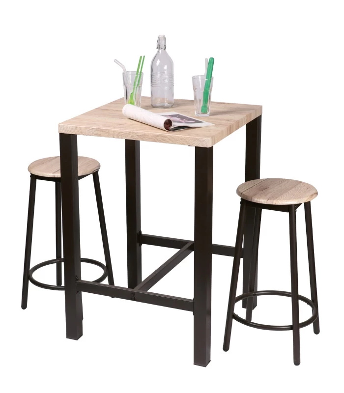 Table De Bar Carrée + 2 Tabourets De Bar En Bois Et Métal Noir 4 Table De Bar Carrée + 2 Tabourets De Bar En Bois Et Métal Noir – Image 2