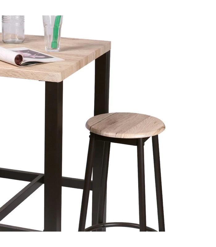 Table De Bar Carrée + 2 Tabourets De Bar En Bois Et Métal Noir 5 Table De Bar Carrée + 2 Tabourets De Bar En Bois Et Métal Noir – Image 3