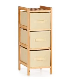 Table De Chevet En Bois Avec 3 Tiroirs Beiges En Toile 29.5x28x70cm