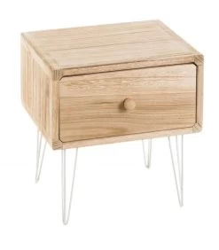 Table De Chevet En Bois Et Pieds Métal Blanc 35x30x37cm