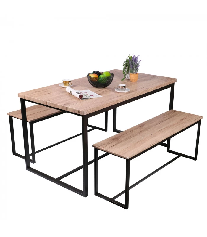 Table Salle à Manger En Bois Et Métal + 2 Bancs 4 Table Salle à Manger En Bois Et Métal + 2 Bancs – Image 2