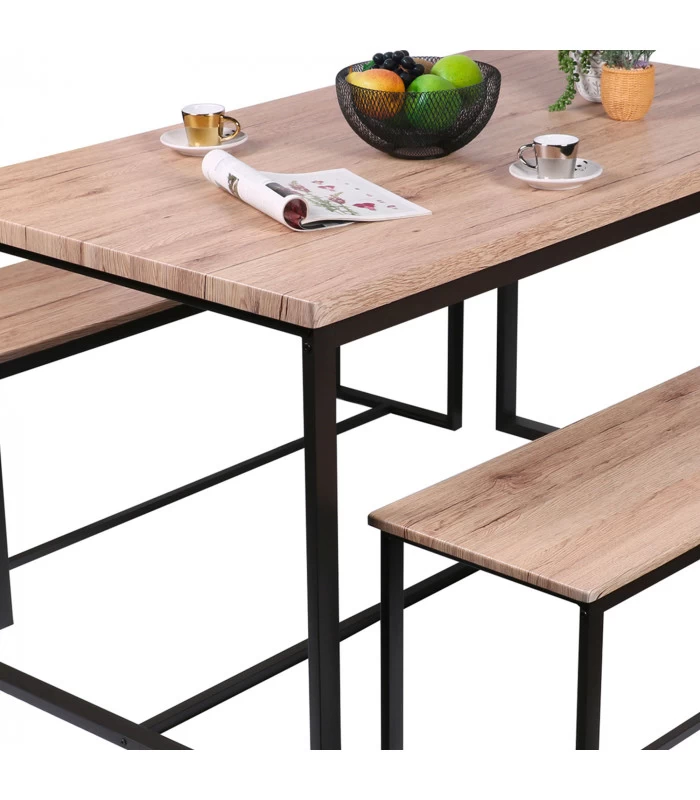 Table Salle à Manger En Bois Et Métal + 2 Bancs 5 Table Salle à Manger En Bois Et Métal + 2 Bancs – Image 3