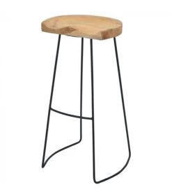 Tabouret De Bar En Métal Noir Et Assise En Teck - 40x32x81cm