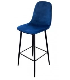 Tabouret De Bar Métal Noir Et Assise Velours Bleu - 42x47x108cm