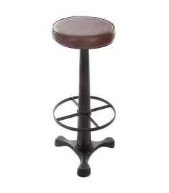 ATMOSPHERA Tabouret De Bar Rond Cuir Marron Et Métal Noir 35x35x80.5cm