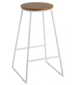 Tabouret De Bar Rond En Métal Blanc Et Bois - 40x41x70.5cm