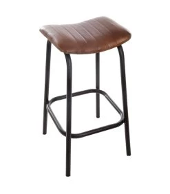 ATMOSPHERA Tabouret De Bar Vintage Cuir Marron Et Métal Noir 41x38.5x75cm