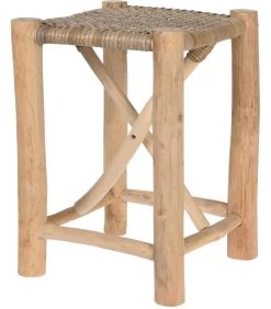 Tabouret En Teck Et Assise En Rotin Tressé