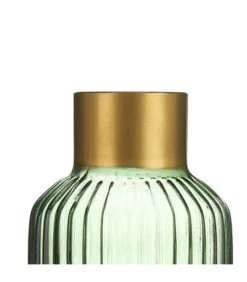 Vase En Verre Strié Vert Et Doré 12x12x18cm -Produits Menagers Boutique vase en verre strie vert et dore 12x12x18cm 2