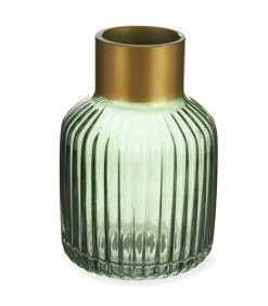 Vase En Verre Strié Vert Et Doré 12x12x18cm